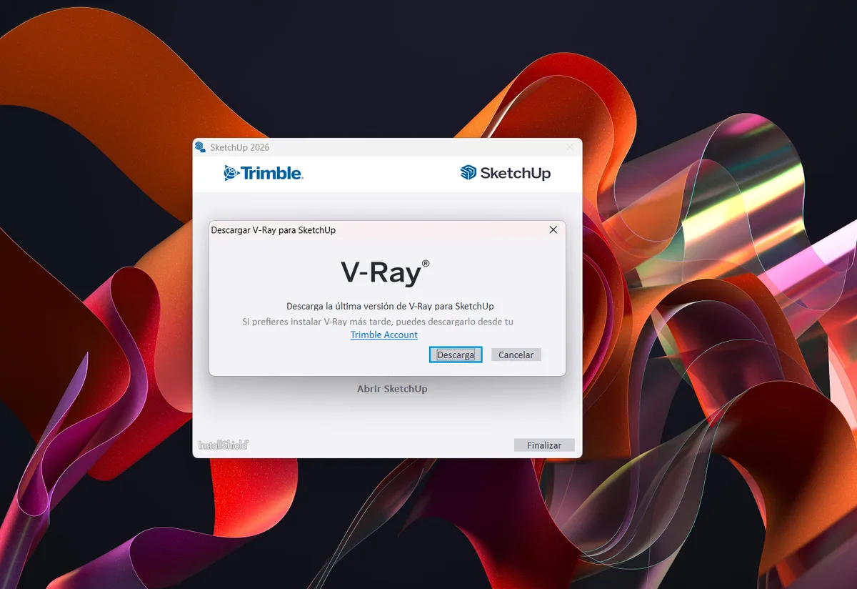 Ventana del instalador de SketchUp ofreciendo descargar V-Ray