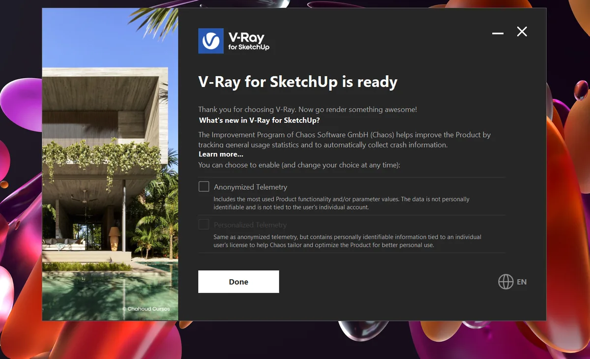 Pantalla final del instalador de V-Ray