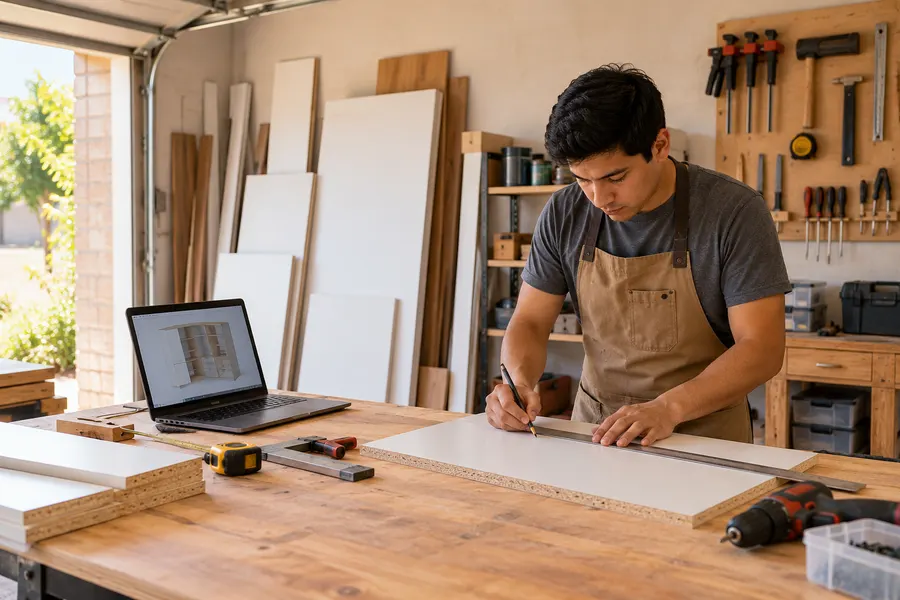 Carpintero joven trazando sobre un tablero en su taller, con la laptop abierta